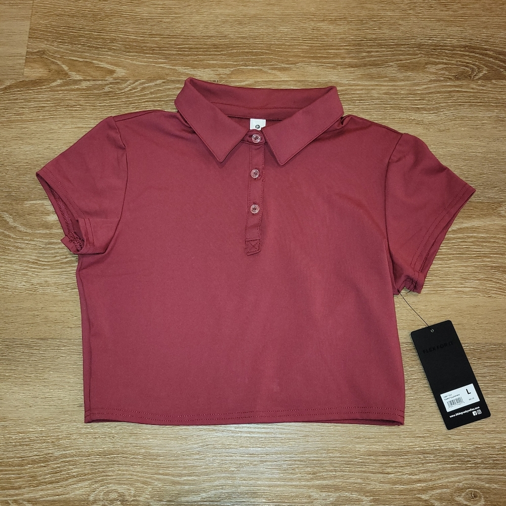90 Degrees by Reflex Lux Short Sleeve Cropped Tennis Polo Raspberry Size Large